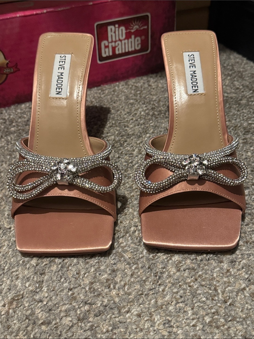 Steve Madden Rose Pink Satin Crystal Bow Slide Mules